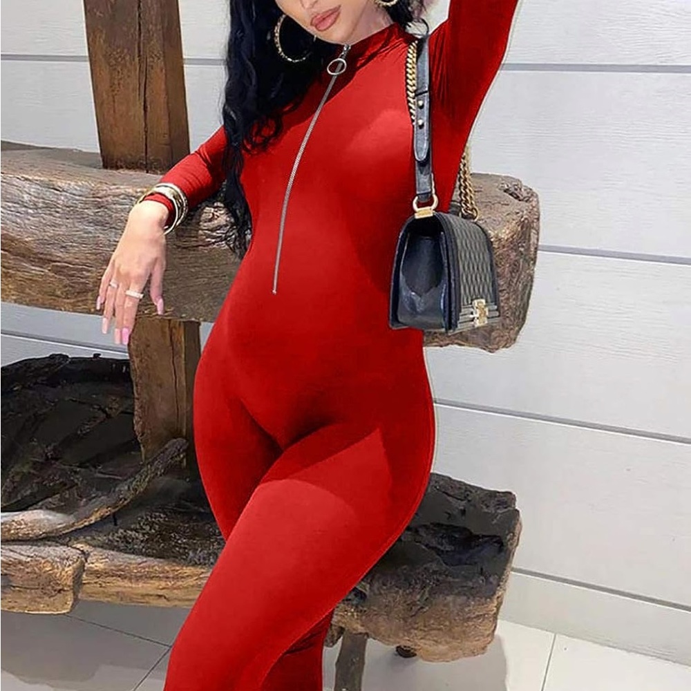 Long sleeve and pant red tight jumpsuit with zipper. New, never worn.